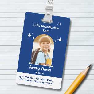 Blue and White Minimalist Child identification ID Badge