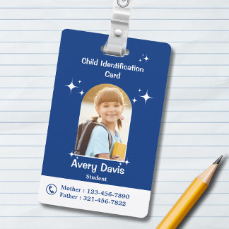 Blue and White Minimalist Child identification ID Badge