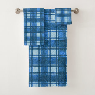 Blue and White Modern Denim Plaid Pattern Bath Towel Set
