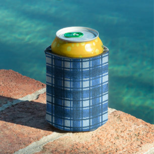 Blue and White Modern Denim Plaid Pattern Can Cooler