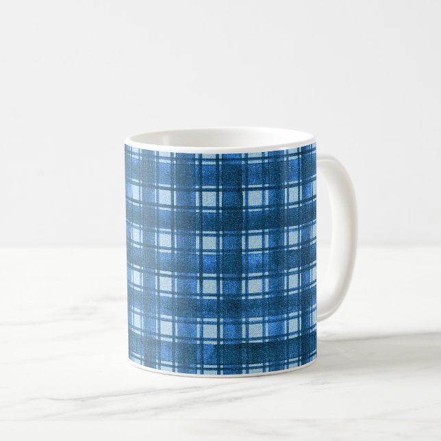 Blue and White Modern Denim Plaid Pattern Coffee Mug (Front Right)