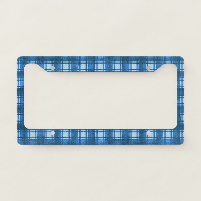 Blue and White Modern Denim Plaid Pattern License Plate Frame (Front)