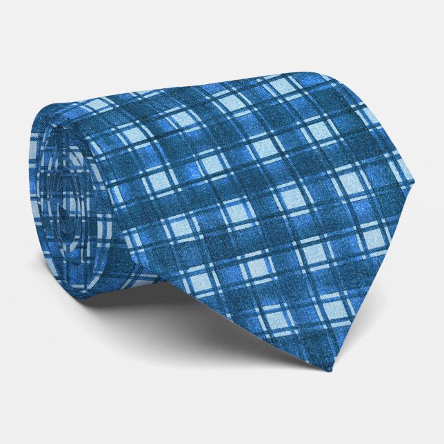 Blue and White Modern Denim Plaid Pattern Neck Tie (Rolled)