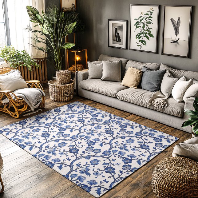 Blue and White Modern Floral Chinoiserie  Rug (Blue and White Modern Floral Chinoiserie Rug in a neutral boho living room.)