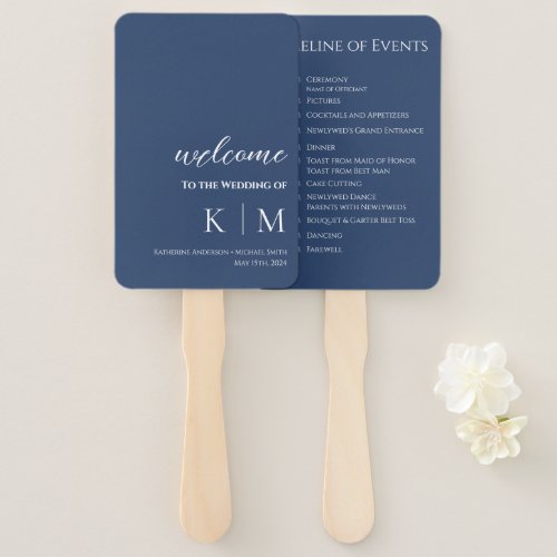 Blue and White_Modern_ Monogram_Wedding Program_ Hand Fan