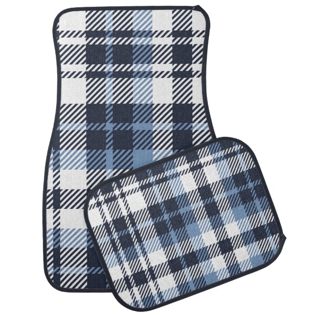 Blue and White modern tartan plaid Scottish seamle Car Floor Mat (Set)