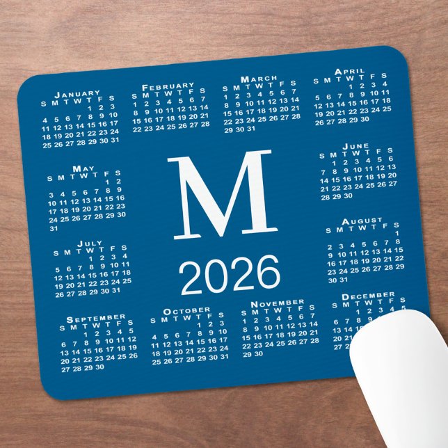 Blue and White Monogram 2026 Calendar Mouse Pad (Blue and White Monogram 2026 Calendar Mouse Pad, in situ)