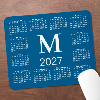 Blue and White Monogram 2027 Calendar Mouse Pad
