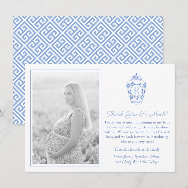 Blue And White Monogram Baby Shower Picture Thank You Card (Front/Back)