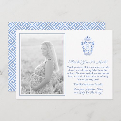 Blue And White Monogram Baby Shower Picture Thank You Card
