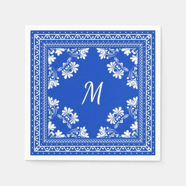 blue and white monogram bandana pattern napkins (Front)