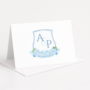 Blue And White Monogram Botanical Crest Wedding Letterpress Thank You Card