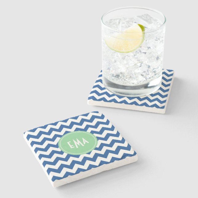 Blue And White Monogram Chevron Geometric Pattern Stone Coaster (Side)