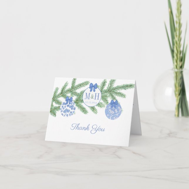 Blue And White Monogram Christmas Ornament Wedding Thank You Card (Front)