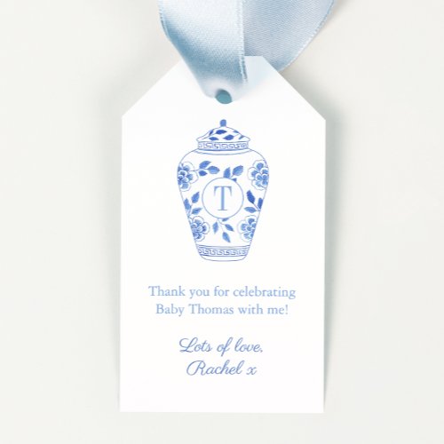 Blue And White Monogram Ginger Jar Baby Shower Gift Tags