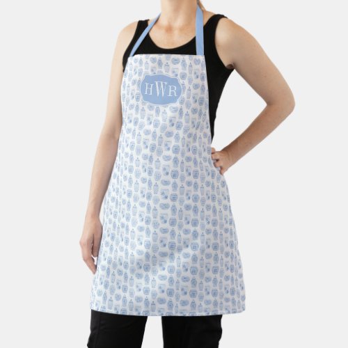 Blue And White Monogram Ginger Jar Wedding Gift Apron - This apron - which would make a lovely Bridal Shower or Wedding gift - features a handpainted watercolor ginger pattern background with a monogram on the front panel.