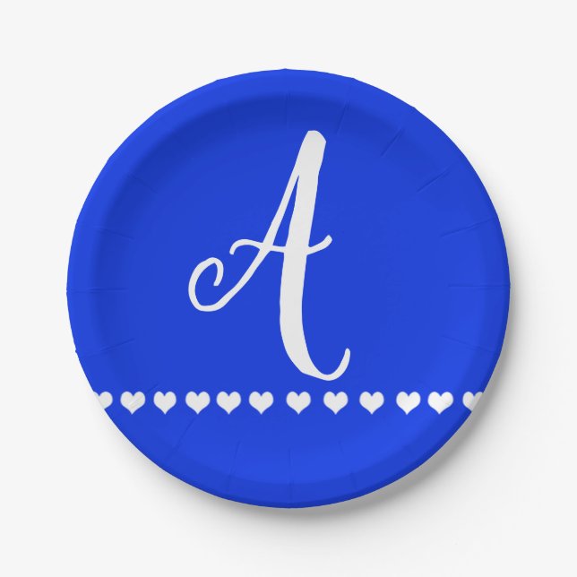 Blue and White Monogram Initial  Paper Plates (Front)