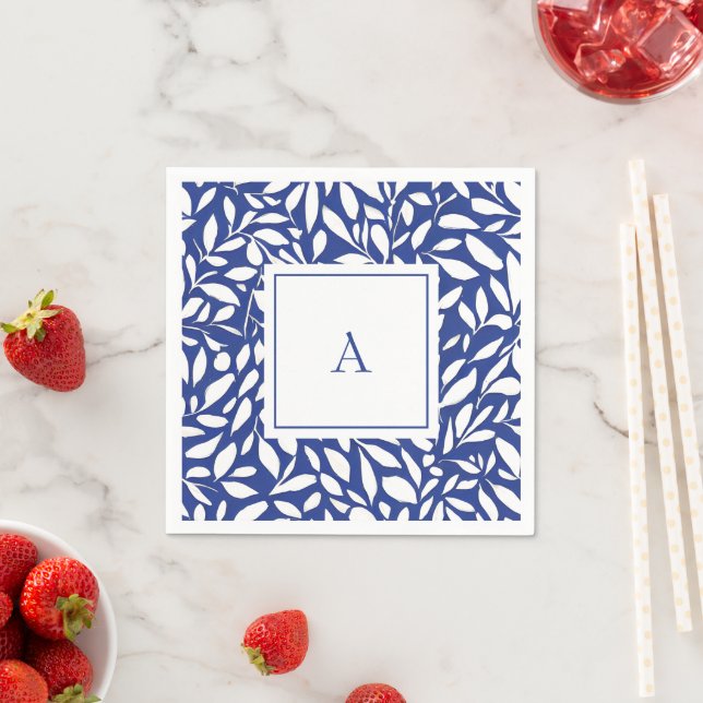 Blue and White Monogram Leaf Pattern Napkins (Insitu)