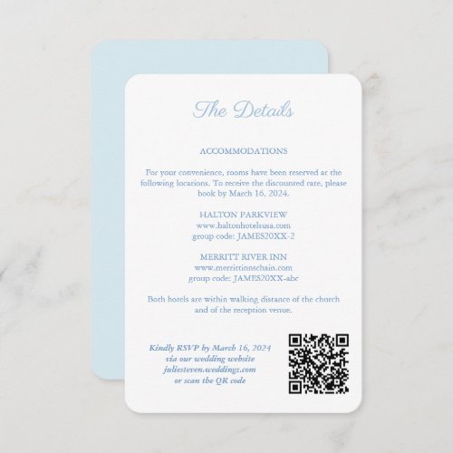Blue And White Monogram QR Code Wedding Details Enclosure Card