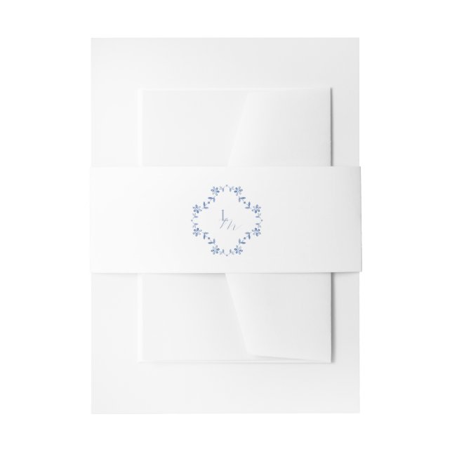 Blue and White Monogram Wedding Invitation Belly Band (Front Example)