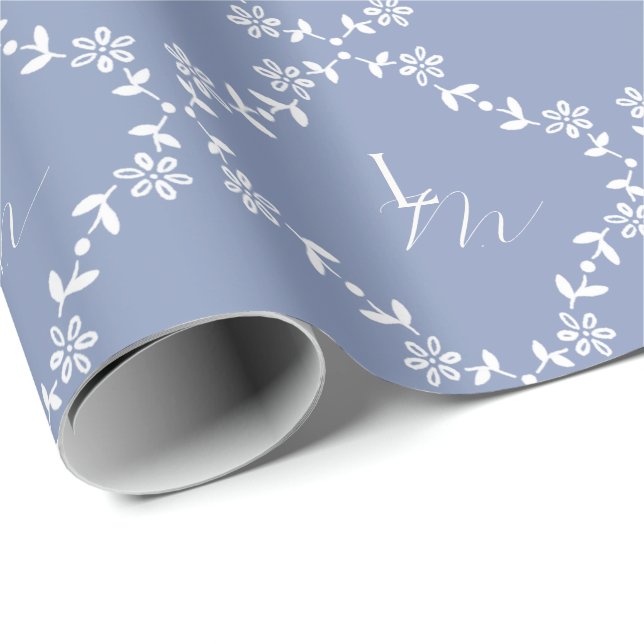 Blue and White Monogram Wedding Wrapping Paper (Roll Corner)