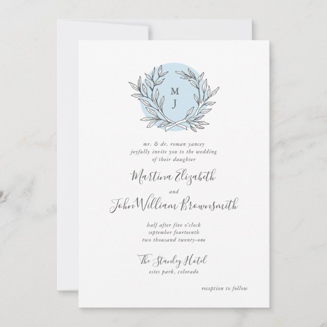 Blue and White Monogram Wreath Wedding Invitation (Front)