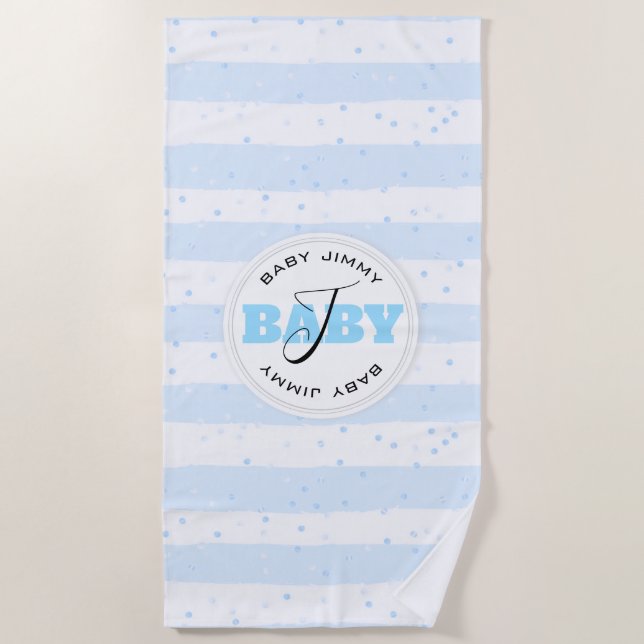 Blue and White Monogrammed Baby Stripes Beach Towel (Front)