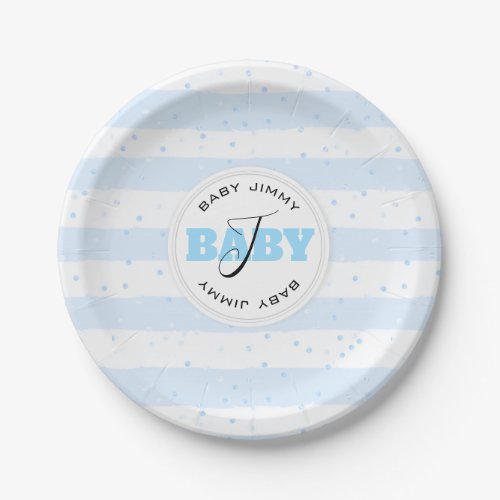 Blue and White Monogrammed Baby Stripes Paper Plates