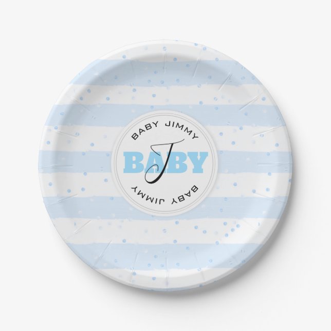 Blue and White Monogrammed Baby Stripes Paper Plates (Front)