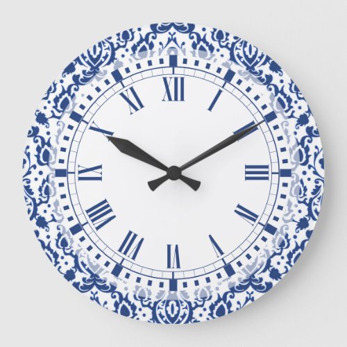 Blue and White Moroccan Casbah Damask Large Clock