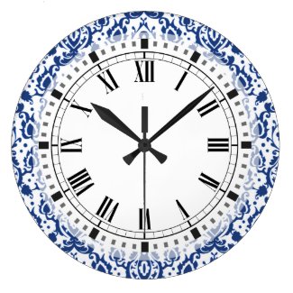 Blue and White Moroccan Casbah Damask Large Clock