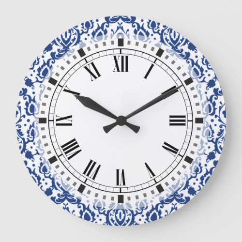 Blue and White Moroccan Casbah Damask Large Clock