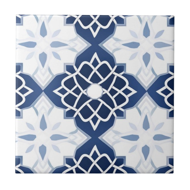 Blue and White Moroccan Pattern Ceramic Tile (Front)