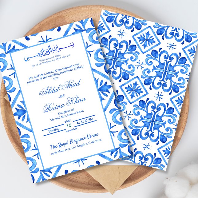 Blue and White Moroccan Pattern Islamic Wedding Invitation (Creator Uploaded)