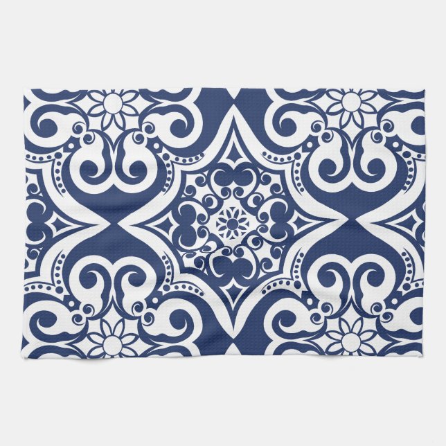 Blue and White Moroccan Pattern Kitchen Towel (Horizontal)