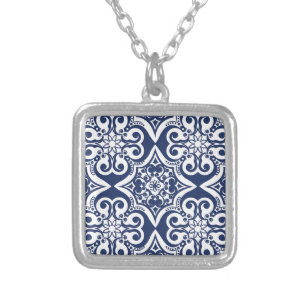 Blue and White Moroccan Pattern Silver Plated Necklace