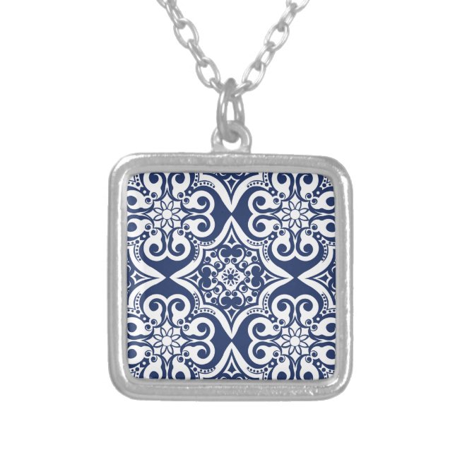 Blue and White Moroccan Pattern Silver Plated Necklace (Front)