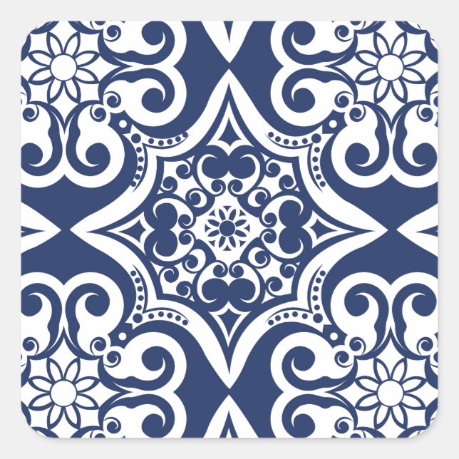 Blue and White Moroccan Pattern Square Sticker (Front)