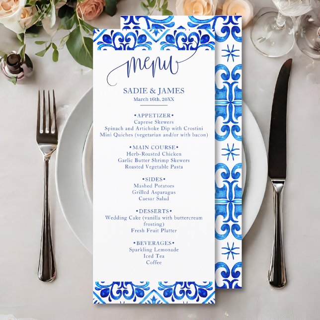 Blue and White Moroccan Pattern Wedding  Menu (Creator Uploaded)
