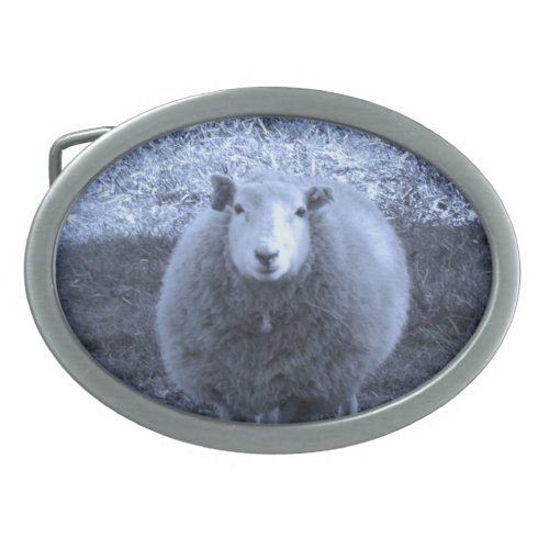 Blue and White  Mother sheep Oval Belt Buckle