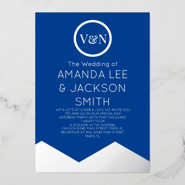 Blue and White Mountain Sun Wedding  Foil Invitation (Front)