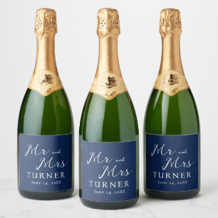 Blue and White Mr and Mrs Wedding Sparkling Wine Label