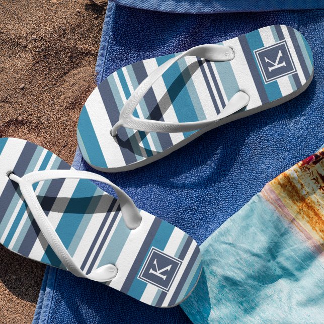 Blue and White Multi Stripe Monogram Flip Flops (Creator Uploaded)