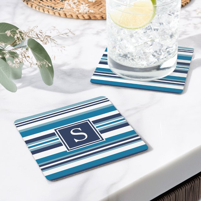 Blue and White Multi Stripe Monogram Square Paper Coaster (Creator Uploaded)