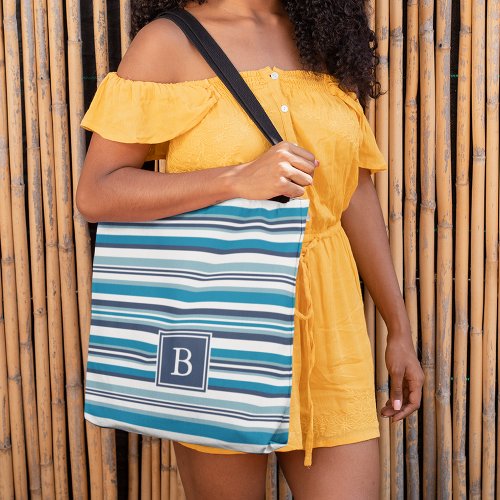 Blue and White Multi Stripe Monogram Tote Bag