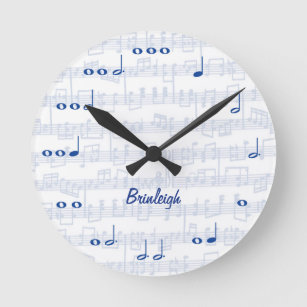 Blue and White Music Notes Round Clock