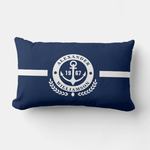 Blue and White Nautical Anchor Badge Lumbar Pillow