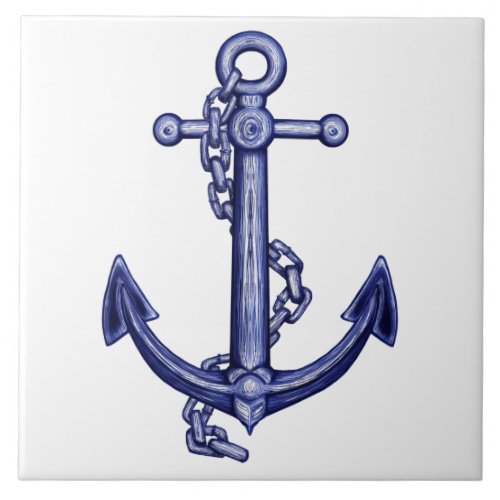 Blue and white nautical anchor ceramic tile