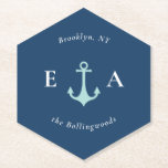 Blue and White Nautical Anchor Couple's Monogram Paper Coaster<br><div class="desc">Featuring a simple monogram with an anchor and ticking stripes, paper coasters are a great addition to any social events like weddings, showers, and dinners. Decorate a wedding reception bar with these customized paper coasters OR give a set to the newlyweds as a gift honoring their big day of marriage...</div>
