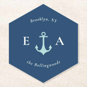 Blue and White Nautical Anchor Couple's Monogram Paper Coaster